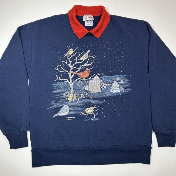 Vintage Morning Sun Women 90s Holiday Christmas Cardinal Bird Blue Sweatshirt M - Picture 3 of 6